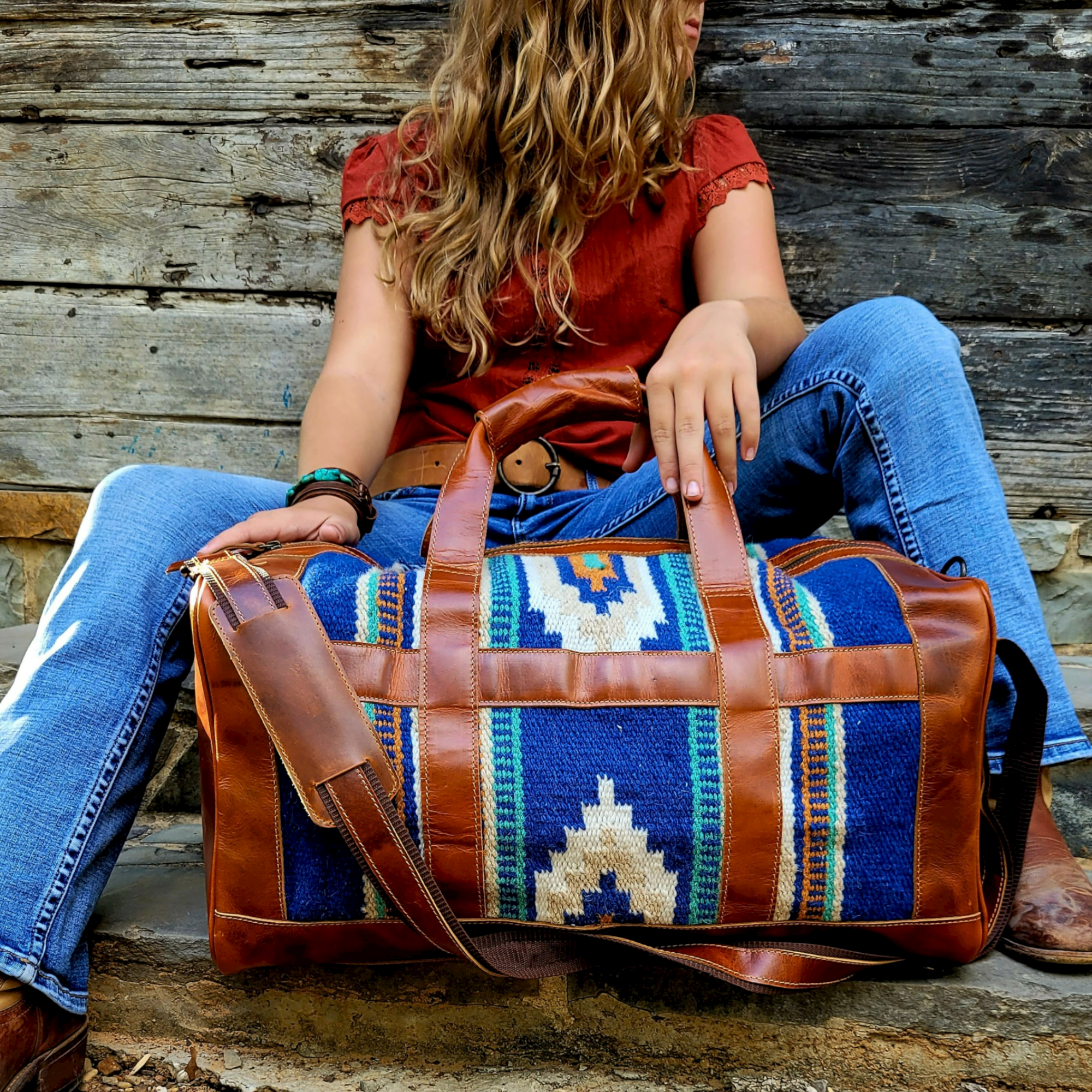 Bundle Deal -The Dakota Southwestern Leather Aztec Weekender Duffel Bag + Large Handwoven Wool Boho Tote - Ranch Junkie Mercantile LLC
